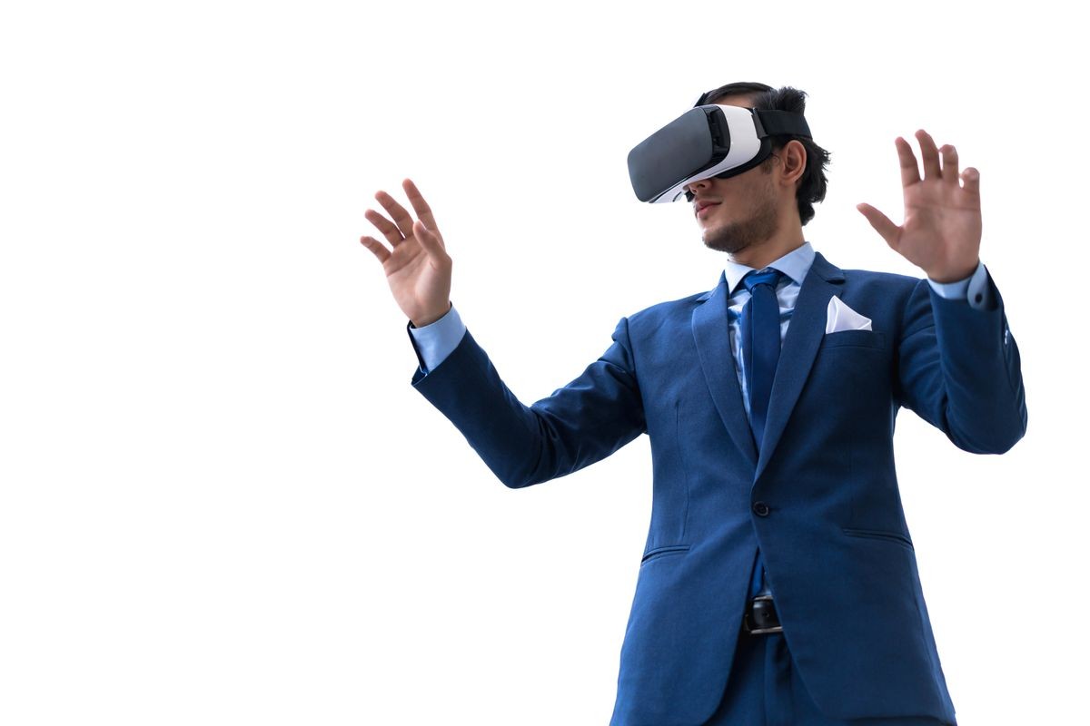 Business man wearing vr or virtual goggles. Concept of virtual business.
