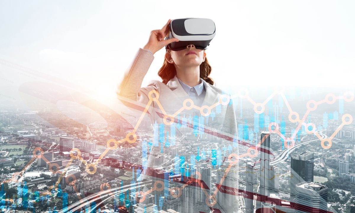 Double exposure of businesswoman wearing virtual reality glasses and modern cityscape